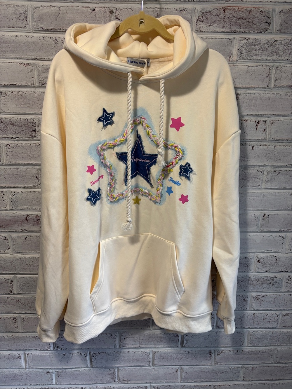 Aelfric Eden Cream Star Appliqué Hoodie with Multicolor Accents